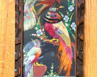 Vtg. Mexican Feather craft with hand carved frame