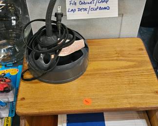 LAMP, LAP DESK, CLIPBOARD AND FILE BOX LOT