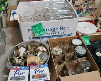 LOT OF GLASS CANNING JARS AND LIDS