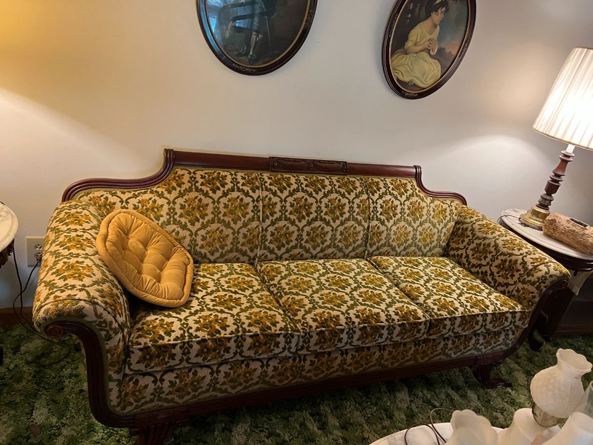 #1 parlor sofa with green gold 3 cushion 84 long $75.00