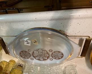 #89 Mid-Century 3 piece Casserole Blue Dish w/lid on Brass Server $25.00