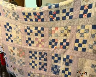 #77 9 Patch Hand Pieced (holes on front and Sides, stained front ) Hand quilted (back stained) - 82x66 $40.00