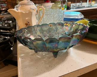 #87 Blue Carnival oval Footed Compote - 12x9x4 $30.00