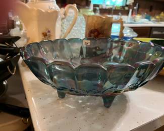 #87 Blue Carnival oval Footed Compote - 12x9x4 $30.00