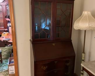 #4 Secretary (1 piece) w/flip-down top w/3 drawers & 2 glass doors on wheels- 30x16-27x79 $275.00
