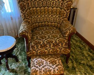 #2 channel back chair with stool in green gold fabric $75.00