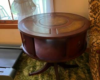 #35 Wood Rotating Circular End Table w/open Slots and leather top w/pedistal legs & Brass Feet - 28x28 $175.00