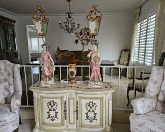 Drexel Credenza Capidomonte Lamps, Cranberry Bohemian Glass