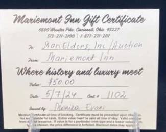 $50 Mariemont Inn Gift Certificate 