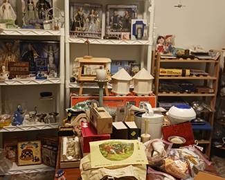 Dolls, doll clothes, lamps , Barbie Movie Star Dolls.  Linens.