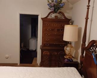 queen size adjustable  bed and high boy chest 4 post bed