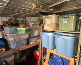 A shed full of boxes of Xmas decor
