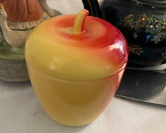 Vintage Hazel Atlas Milk Glass Covered Jar Jam Jar /Sugar Bowl Red Yellow 4"