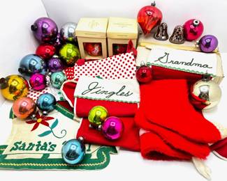 Christmas Stockings & Over 40 Vintage Christmas Ornaments Including New In Box Hallmark & Disco Bells
Lot #: 129