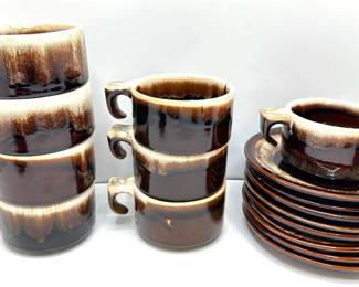 Vintage Brown Drip Glazed Pottery: 8 Mugs, 8 Saucers, Creamers, Sugar Bowls & Other Small Bowls
Lot #: 10