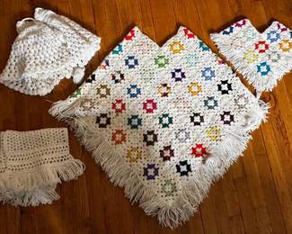 Vintage Mommy & Me Hand Made Granny Square Ponchos & Other Crocheted Poncho With Matching Scarf
Lot #: 64