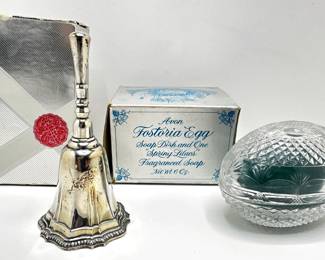 Vintage Avon Lead Crystal Fostoria Egg Soap Dish With Soap & Vintage Avon Silverplated Bell, Both New In Box
Lot #: 87