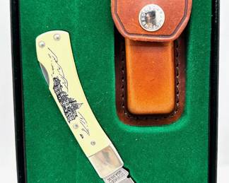 New In Box Schrade Carved Handle Pocket Knife With Leather Case, Personalized
Lot #: 98