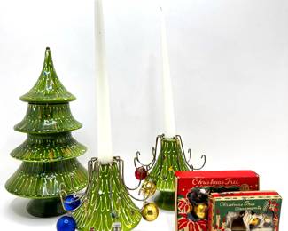 Vintage Italian Hand Painted Christmas Tree Candy Dish & 2 Candle Holders With Mini Ornaments
Lot #: 46