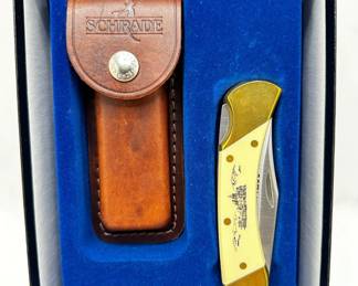 New In Box Schrade Carved Handle Pocket Knife With Leather Case, Personalized
Lot #: 97