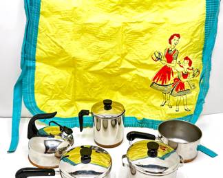 Vintage Revere Ware Miniature Children's Cooking Set With Cooper Clad Pots & Vintage Apron
Lot #: 113