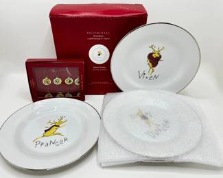 Set 8 Pottery Barn Reindeer Dessert Plates, 4 New In Box, All Unused & Matching New In Box Wine Charms
Lot #: 45
