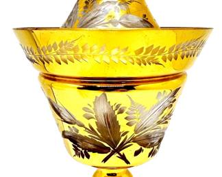 Mid Century Italian Bohemian Etched Gilded Glass Covered Candy Dish Compote Bowl With Lid
Lot #: 13