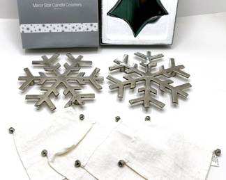 New In Box Crate & Barrel Mirror Star Candle Coasters, Set Crate & Barrel Trivets & 4 Pottery Barn Linen Coast
Lot #: 85