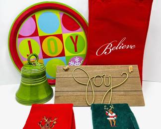 Christmas Decorations: Italian Bell Canister, New Reindeer Dish Towels, Macys Wine Gift Tote & Joy Plaque
Lot #: 102