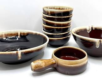 Vintage Brown Drip Glazed Pottery Serving Bowls, 6 Soup Bowls & Handled Bowl By Arbor International
Lot #: 11