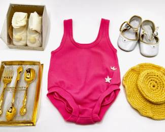 Vintage 1970s Baby Clothes: Unused Swimsuit, Shoes, Handmade Hat & Community By Oneida Flatware
Lot #: 61
