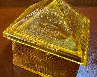 Amber depression glass collectible "Block House" trinket dish from Pittsburgh, PA