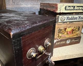 Vintage wooden cash drawer and cigar boxes