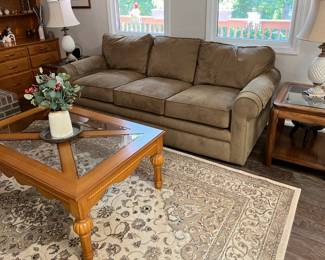LazBoy sofa with oak glass top coffee and end tables