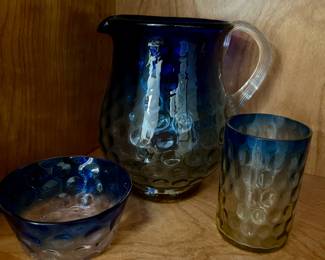 Bluerina glass pitcher, glass and bowl