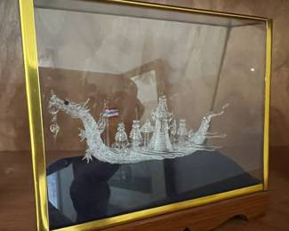 Hand blown glass dragon boat in case