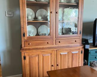 Early American Style China Cabinet Filled with Belleek China  Waterford Crystal