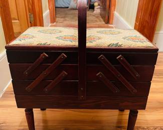 Antique Powel Accordion Style Wooden Sewing Box with Original Tapestry Top & Original Box 