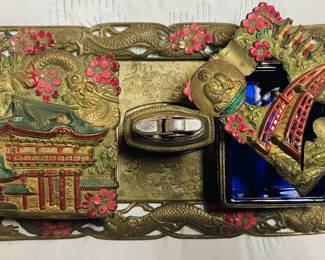 1940's Solid Brass Cigarette Box & Matching Ashtray, Both Lined in Cobalt Blue Glass and Matching Cigarette Lighter with Tray