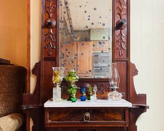 Stunning Intricate Hand Carved Victorian Hall Tree with Marble Top