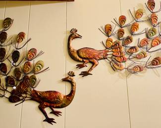 Mid Century Pair of Embossed Metal Peacocks Wall Decor 