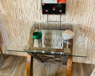 Modern style glass, wood and stainless steel small table