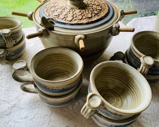artist made soup tureen with soup cups