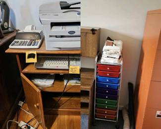 Laser Printer, Brother typewriter, filing cabinet, desk, calculator, power strip
