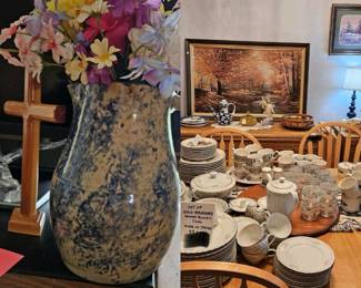 Vintage pottery, dish sets, art, table chairs