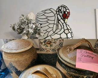 Swan lamp, pottery canister set