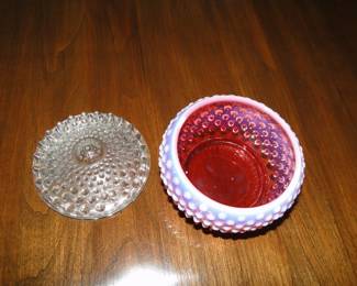 Glass nubby jar with lid off, brought to you by Fenton