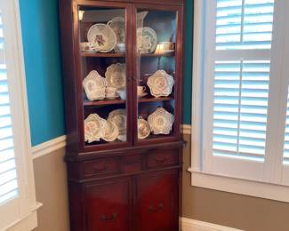 Pair matching vintage mahogany corner display cabinets