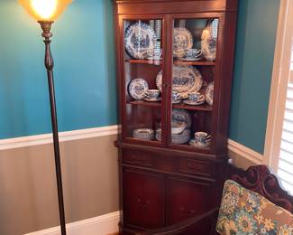 Pair matching vintage mahogany corner display cabinets