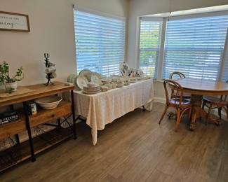 C. 1900 American Empire style pedestal table with massive paw foot. Bentwood parlor chairs.  